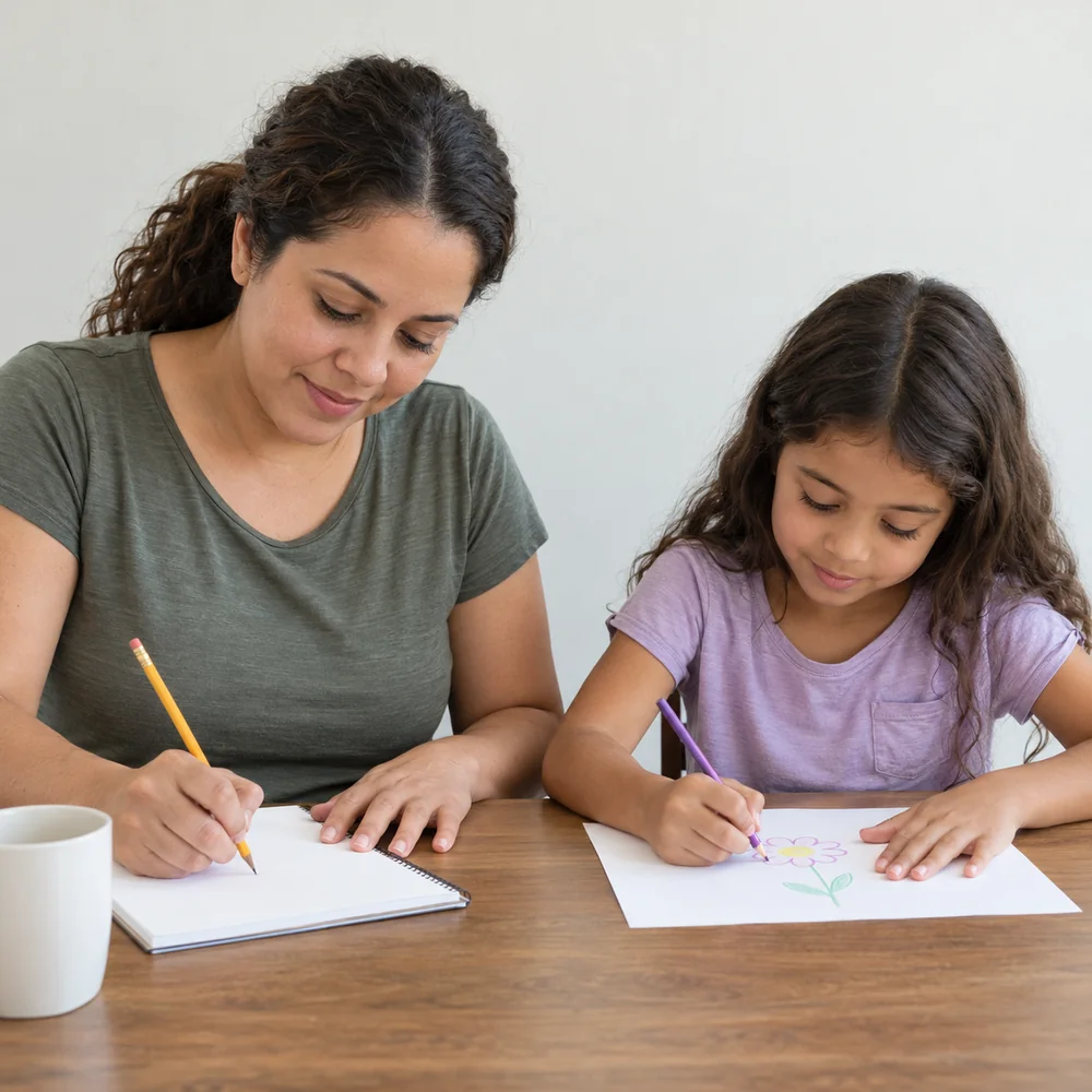 A mother writes in a notebook beside a cup while her daughter draws at the same table.