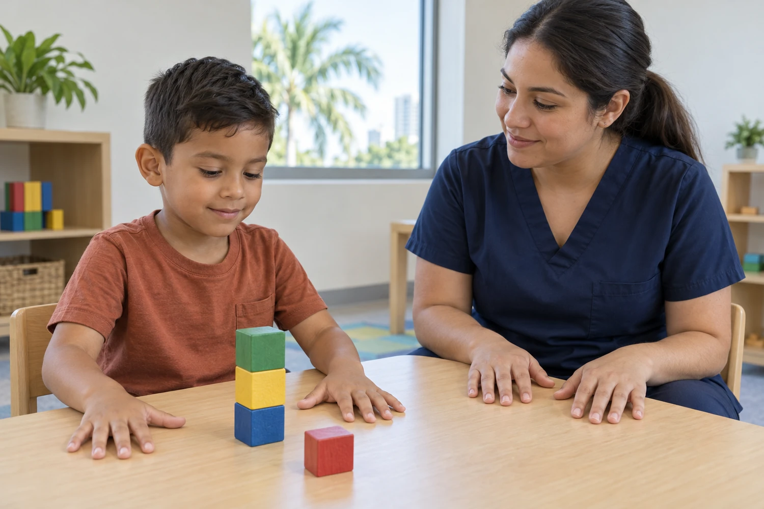 A child pauses beside a tower of colored blocks while a therapist in navy scrubs watches at the same table.