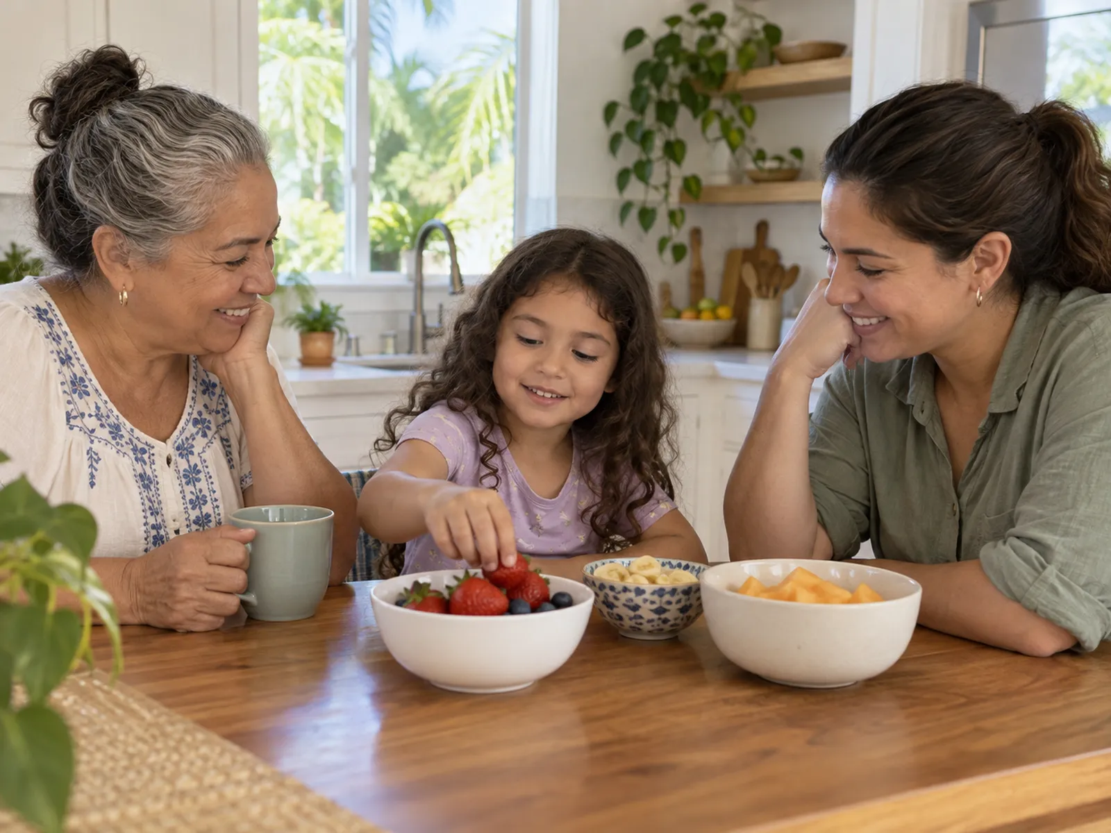 Three generations of a family share a snack at a kitchen table.