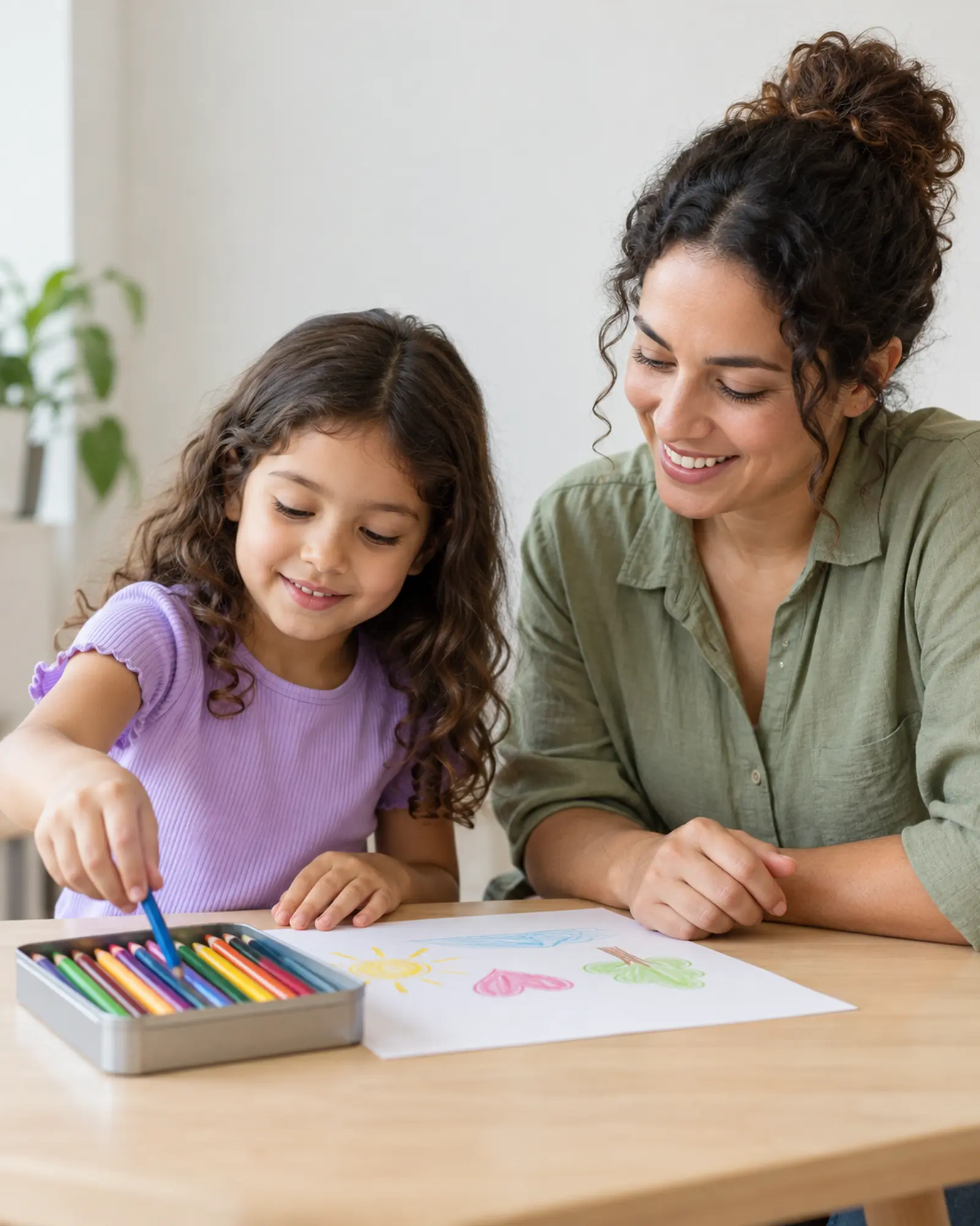 A child chooses a colored pencil to draw with while an adult sits beside them at the same level, smiling.