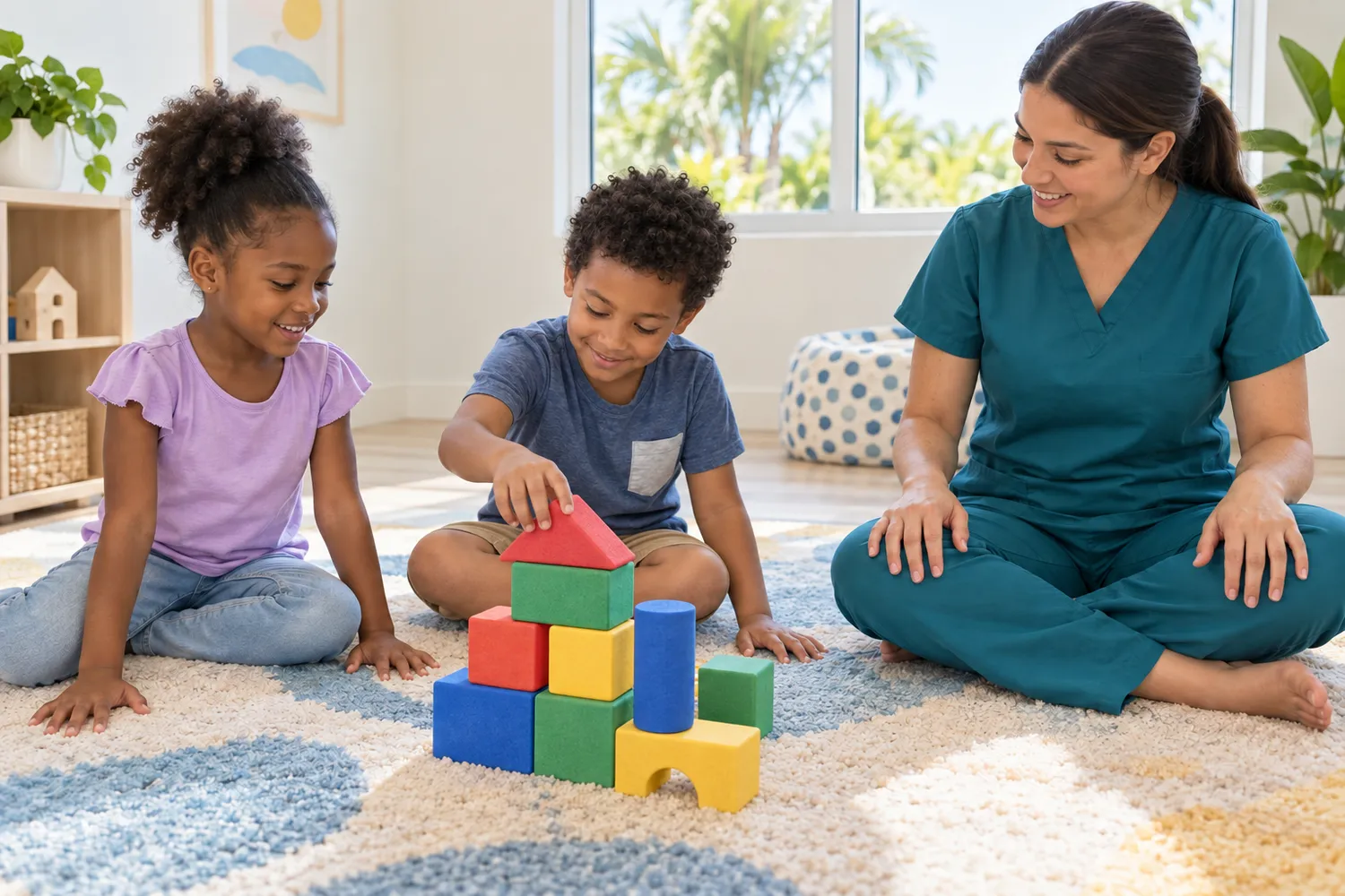 The same curly-haired boy shown at home builds with colorful blocks beside a girl while a therapist in teal scrubs sits nearby.