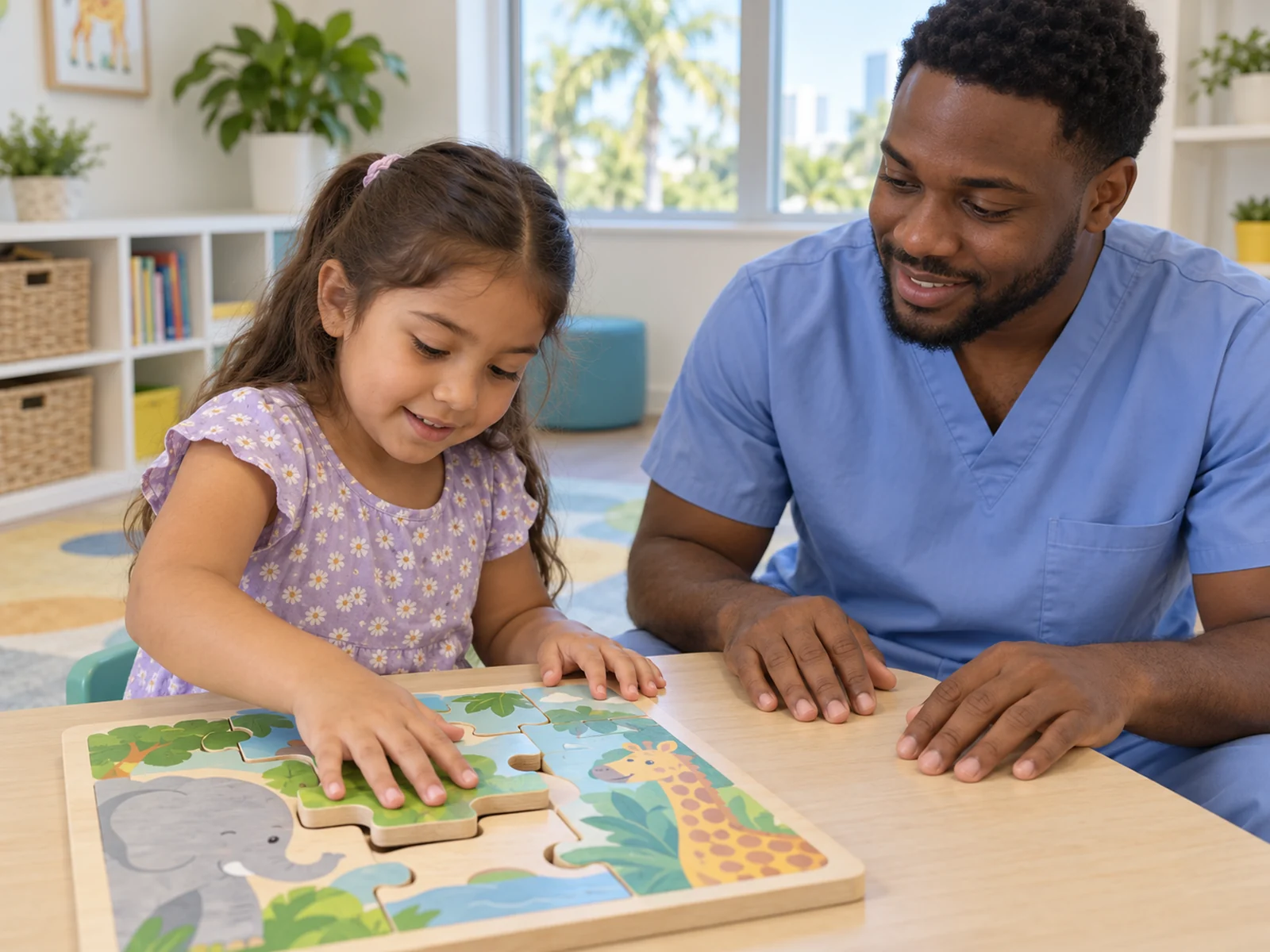 A child fits a piece into a wooden puzzle while a therapist in light blue scrubs watches beside her.