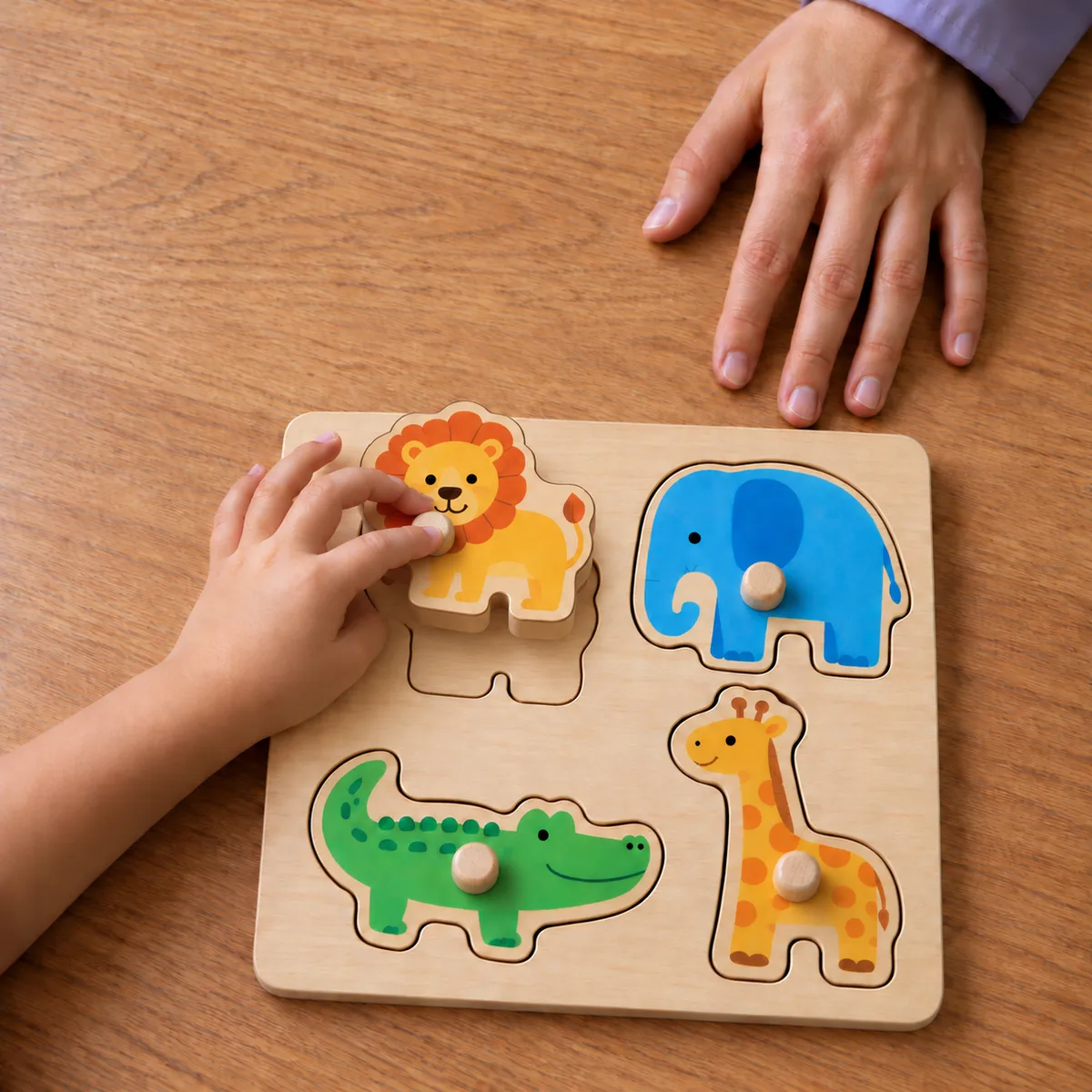 A child holds a wooden lion puzzle piece above its matching empty hole. The elephant, crocodile and giraffe pieces sit in their matching holes.