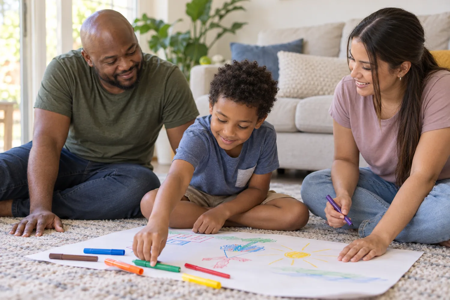 A child, a parent and a therapist draw together on a large sheet of paper on a living room rug.
