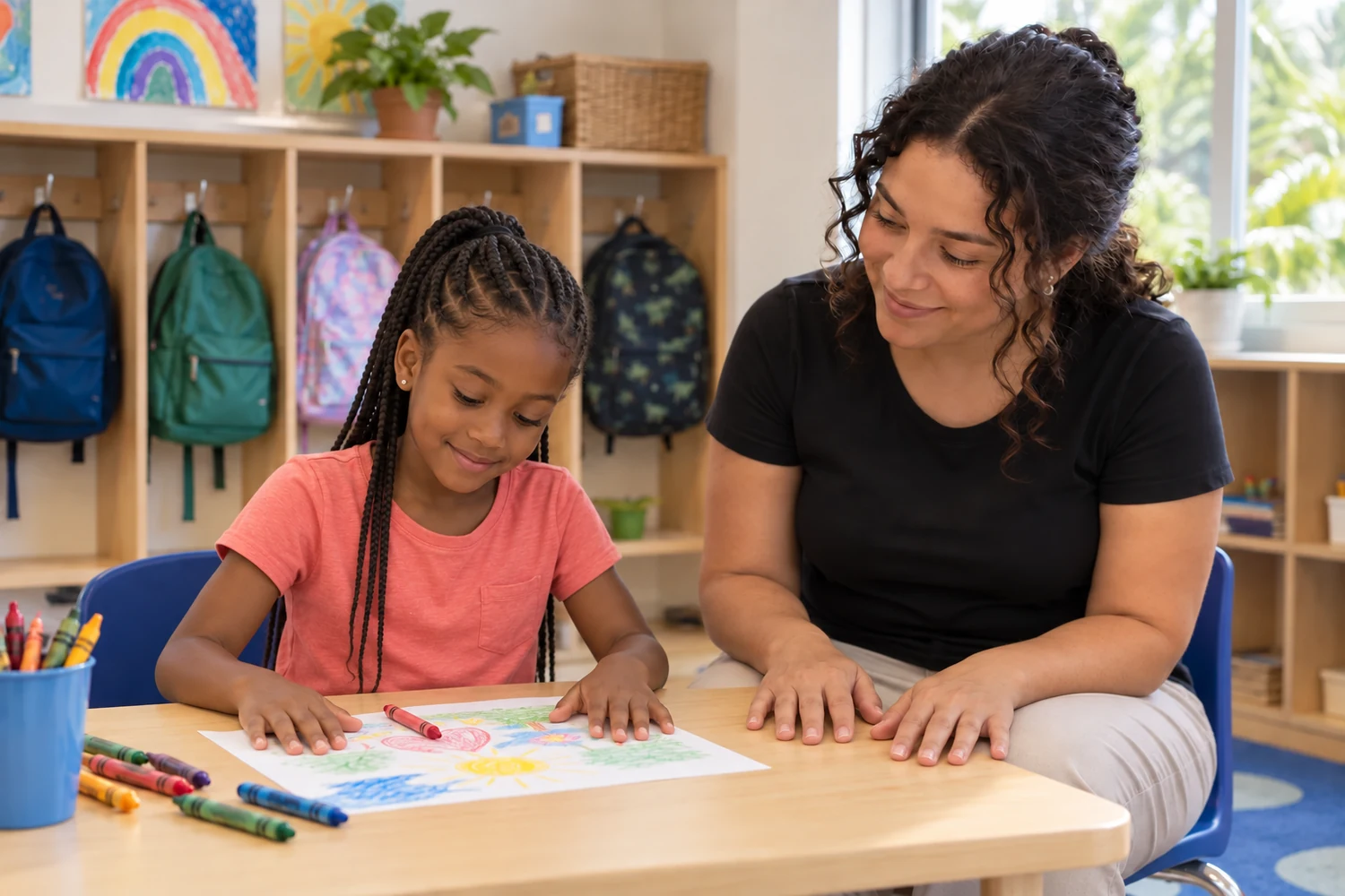 A girl with braids pauses drawing at a classroom table with a woman beside her.